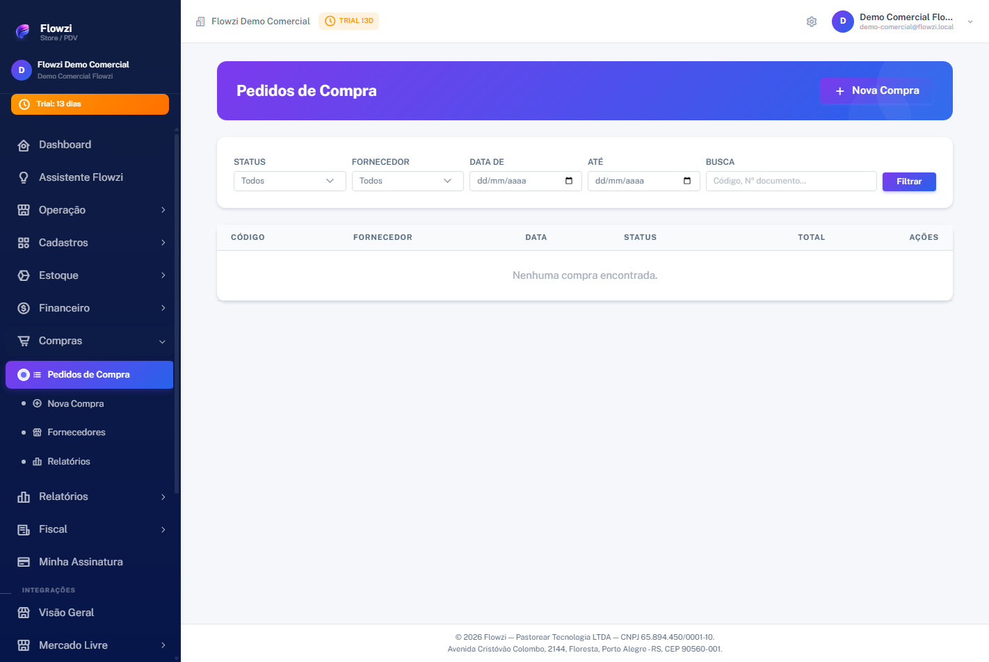 Tela de compras do Flowzi com pedidos fornecedores e recebimento.