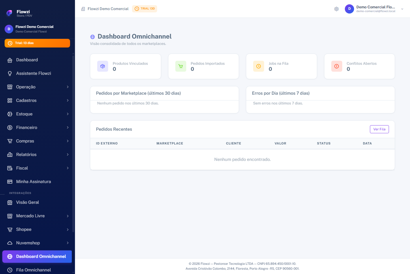 Tela de integração com marketplaces no Flowzi ERP.