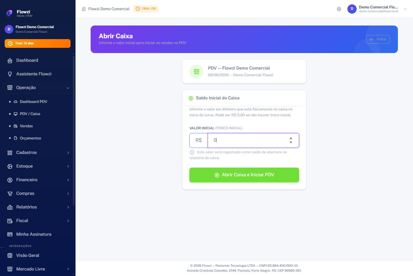 Tela de PDV online do Flowzi com venda de produtos e formas de pagamento.