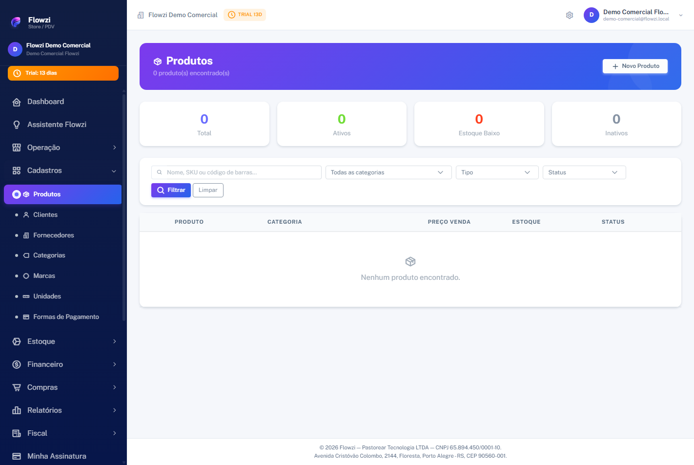Cadastro de produtos do Flowzi com lista de itens e dados comerciais.